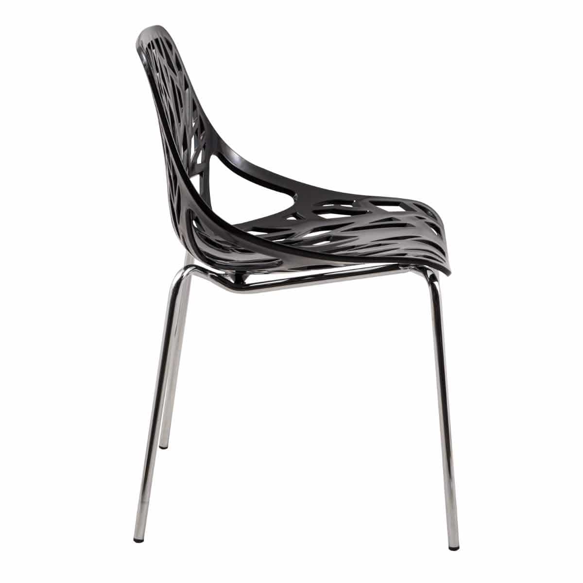 Asbury Polypropylene Dining Side Chair with Forest Cut-Out Design in Chrome Black Dining Chair Leisuremod