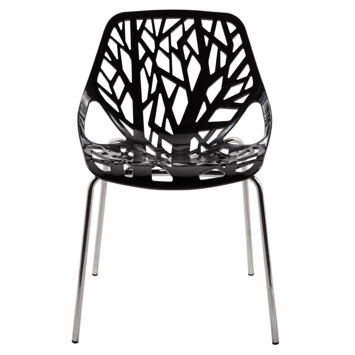 Asbury Polypropylene Dining Side Chair with Forest Cut-Out Design in Chrome Black Dining Chair Leisuremod