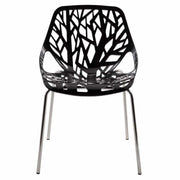 Asbury Polypropylene Dining Side Chair with Forest Cut-Out Design in Chrome Black Dining Chair Leisuremod