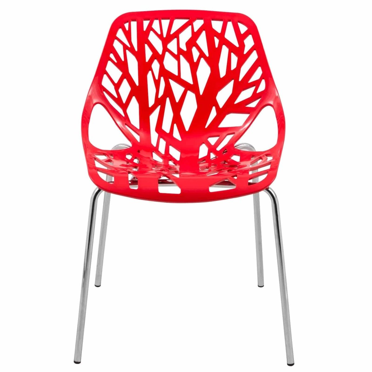 Asbury Polypropylene Dining Side Chair with Forest Cut-Out Design in Chrome Red Dining Chair Leisuremod