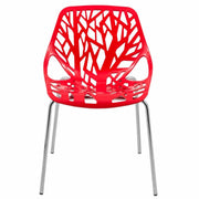 Asbury Polypropylene Dining Side Chair with Forest Cut-Out Design in Chrome Red Dining Chair Leisuremod