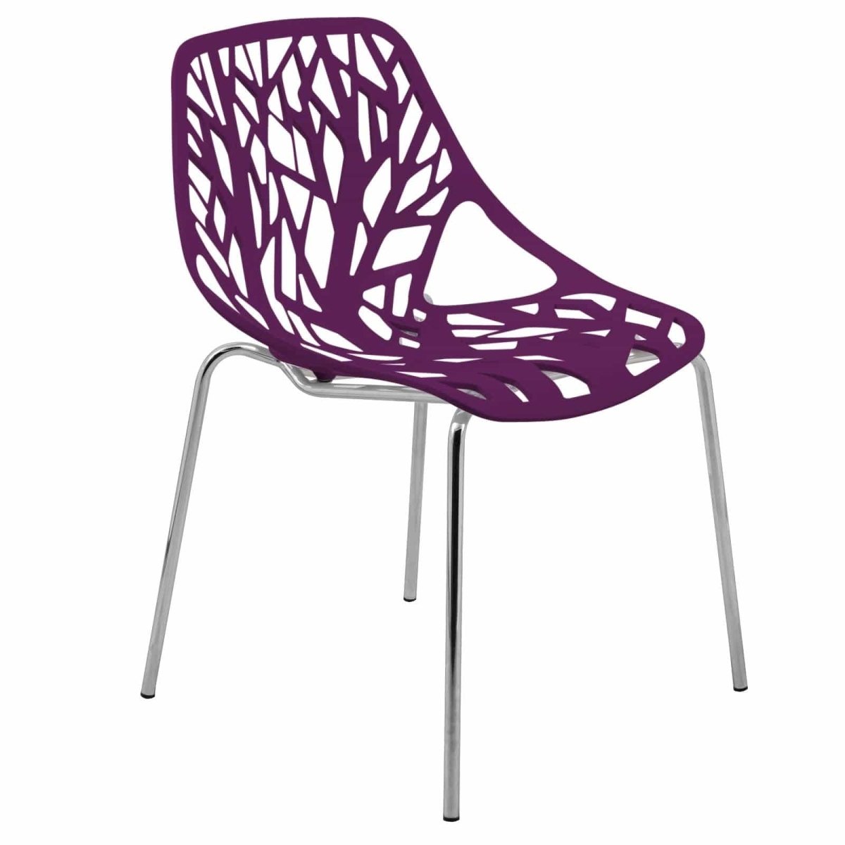 Asbury Polypropylene Dining Side Chair with Forest Cut-Out Design in Chrome Purple Dining Chair Leisuremod