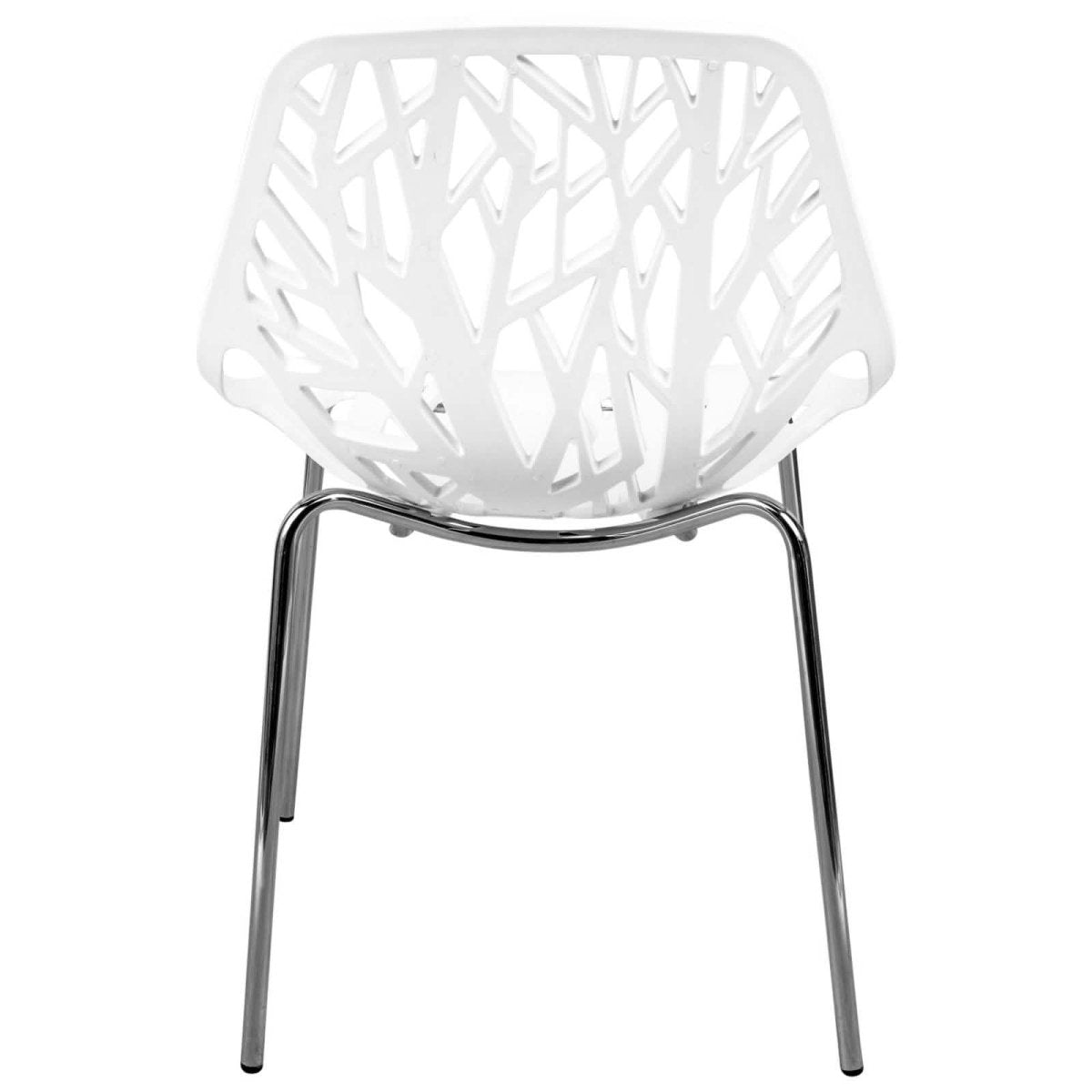 Asbury Polypropylene Dining Side Chair with Forest Cut-Out Design in Chrome White Dining Chair Leisuremod