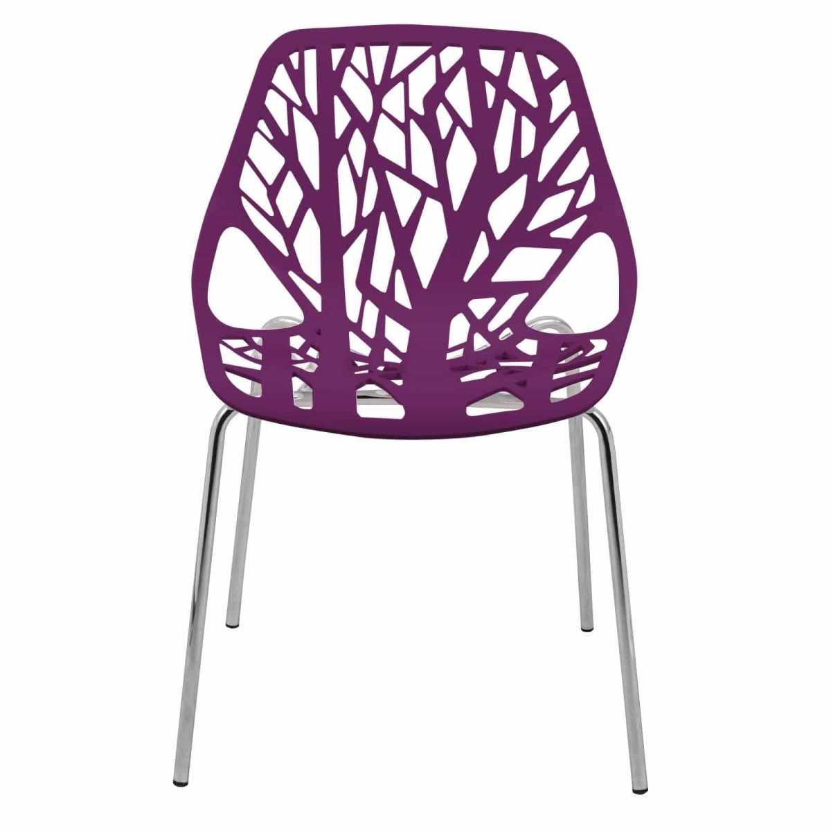 Asbury Polypropylene Dining Side Chair with Forest Cut-Out Design in Chrome Purple Dining Chair Leisuremod