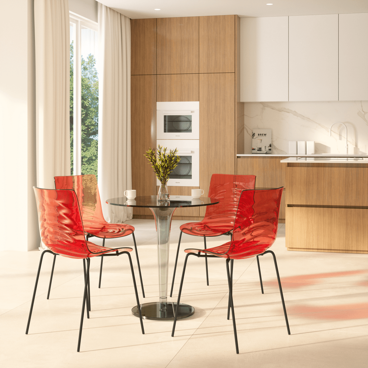 Astor Dining Chair Modern ABS Plastic Side Chair with Stainless-Steel Legs Transparent Red Black Dining Chair Leisuremod