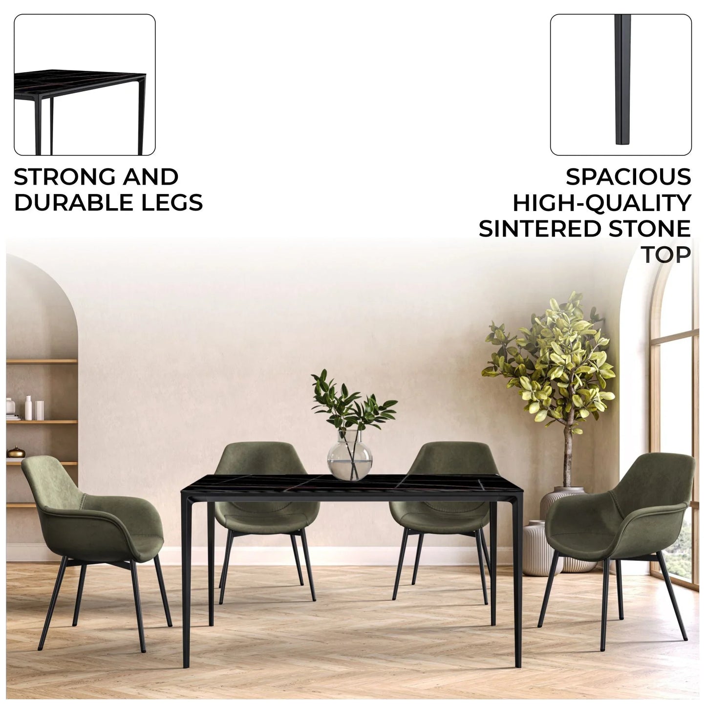 Avo Rectangular Dining Table with a Sintered Stone or Glass Tabletop in Black Aluminum - Elax Furniture