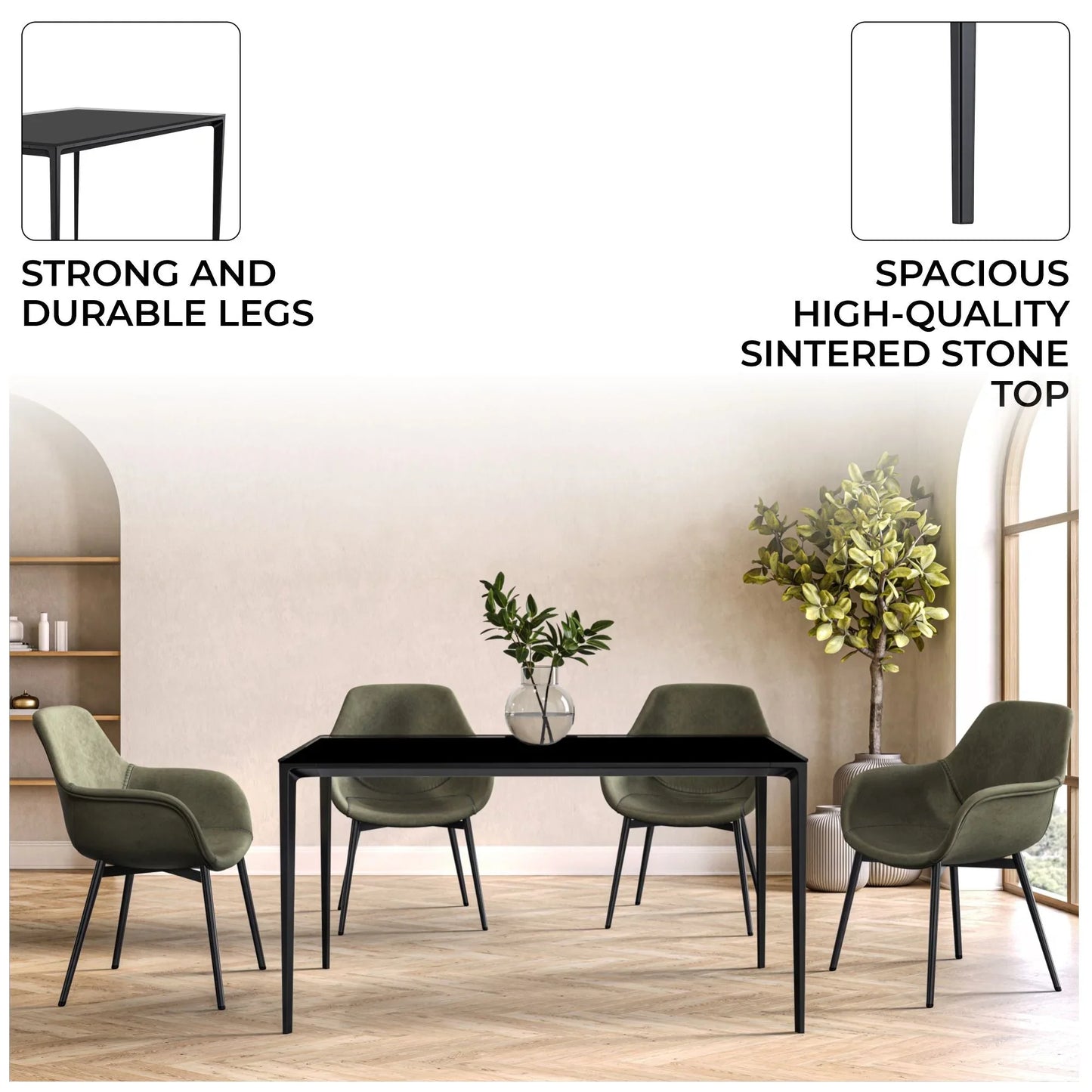 Avo Rectangular Dining Table with a Sintered Stone or Glass Tabletop in Black Aluminum - Elax Furniture