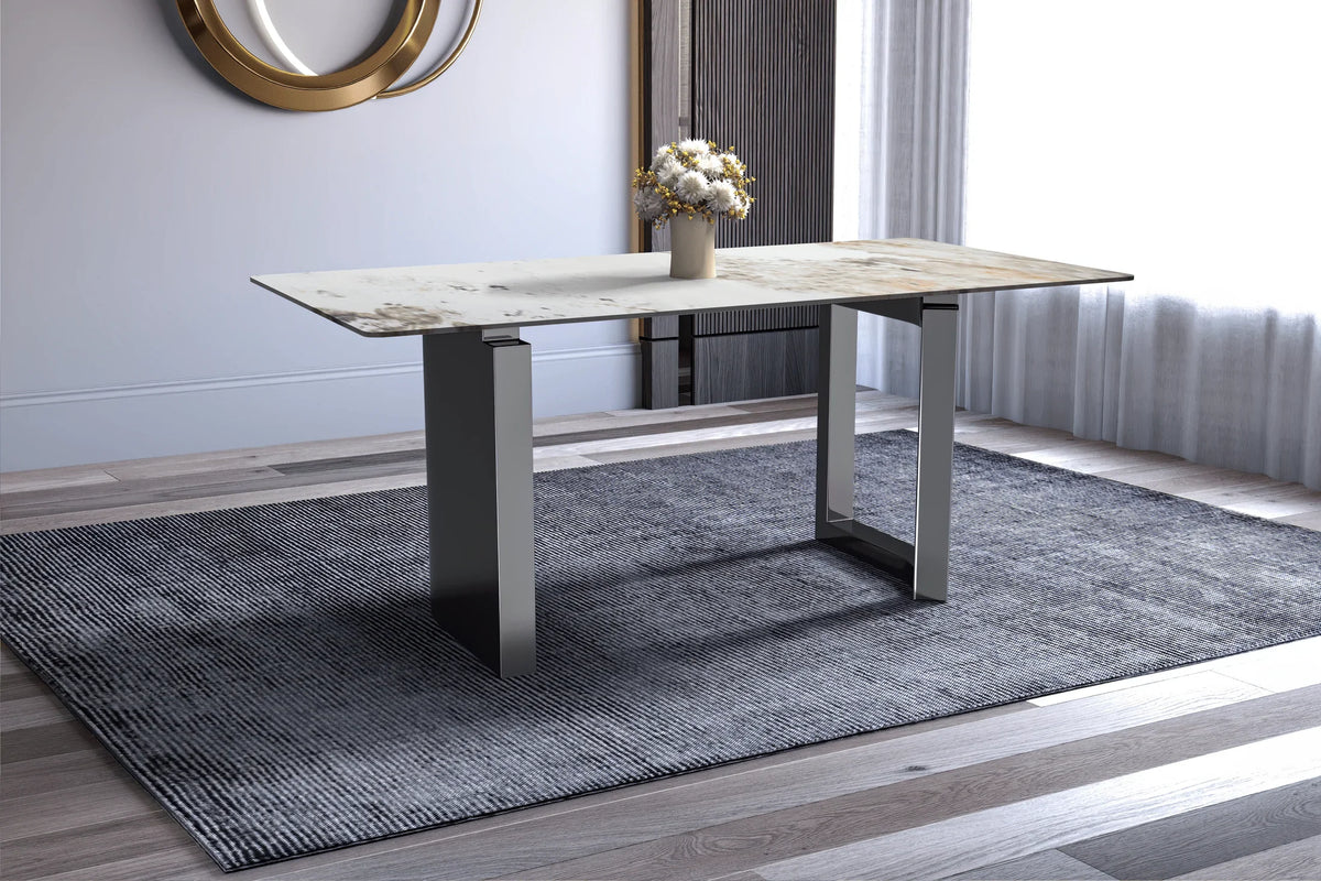 Astra Rectangular Dining Table with Stone/Glass Tabletop and Stainless-Steel Base - Elax Furniture