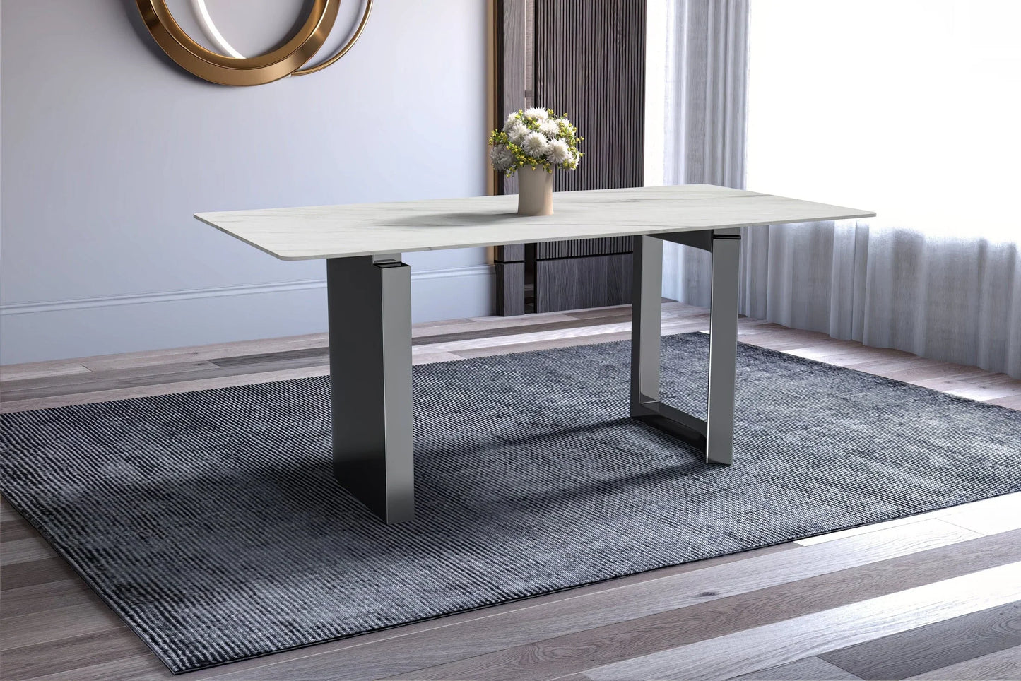Astra Rectangular Dining Table with Stone/Glass Tabletop and Stainless-Steel Base - Elax Furniture