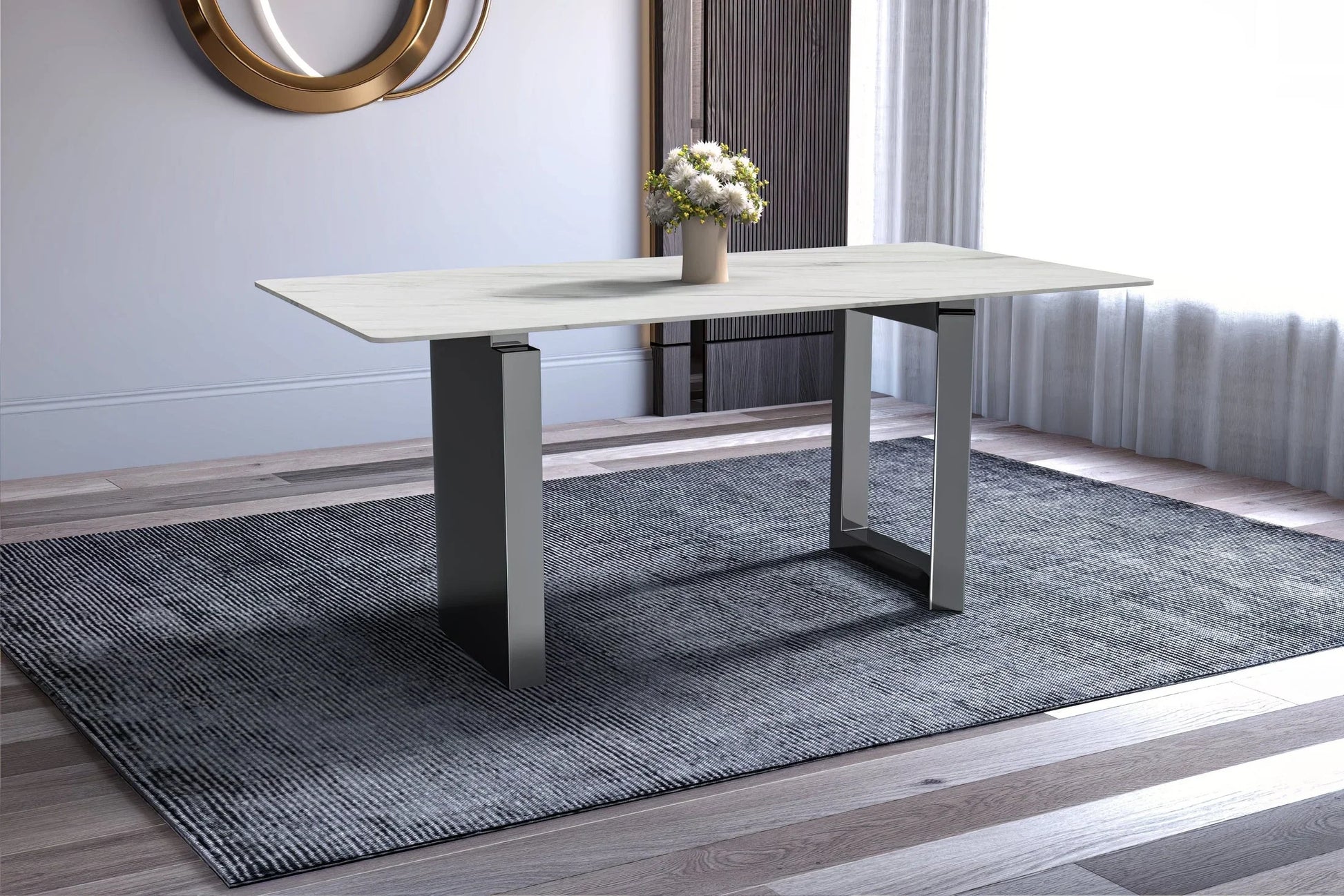 Astra Rectangular Dining Table with Stone/Glass Tabletop and Stainless-Steel Base - Elax Furniture