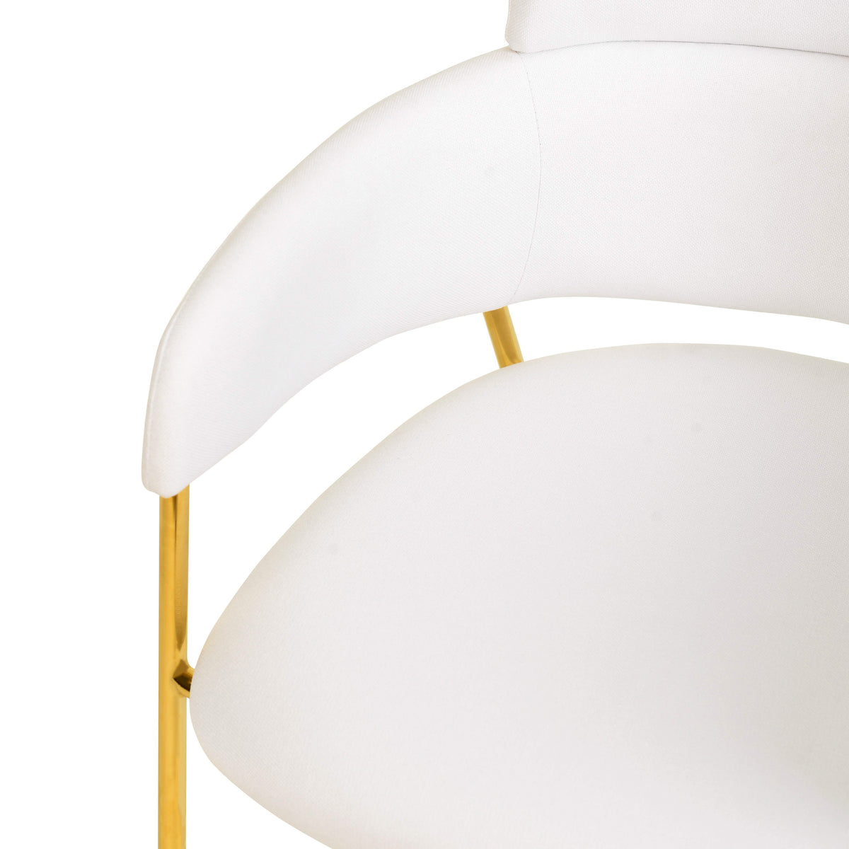 Axis Upholstered Dining Chair with Curved Open-Back and Arms and Black/Gold Stainless Steel Legs Gold Polyester White Dining Chair Leisuremod