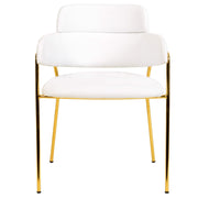 Axis Upholstered Dining Chair with Curved Open-Back and Arms and Black/Gold Stainless Steel Legs Gold Polyester White Dining Chair Leisuremod