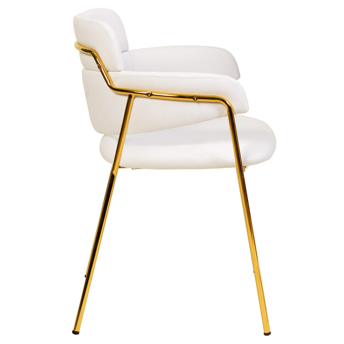 Axis Upholstered Dining Chair with Curved Open-Back and Arms and Black/Gold Stainless Steel Legs Gold Polyester White Dining Chair Leisuremod