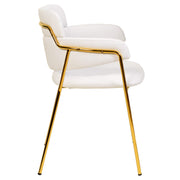 Axis Upholstered Dining Chair with Curved Open-Back and Arms and Black/Gold Stainless Steel Legs Gold Polyester White Dining Chair Leisuremod