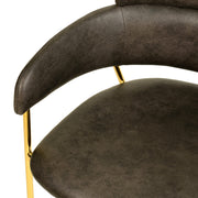 Axis Upholstered Dining Chair with Curved Open-Back and Arms and Black/Gold Stainless Steel Legs Gold Leather Charcoal Dining Chair Leisuremod