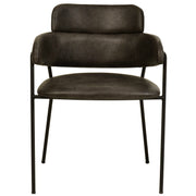 Axis Upholstered Dining Chair with Curved Open-Back and Arms and Black/Gold Stainless Steel Legs Black Leather Charcoal Dining Chair Leisuremod