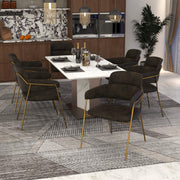 Axis Upholstered Dining Chair with Curved Open-Back and Arms and Black/Gold Stainless Steel Legs Gold Leather Charcoal Dining Chair Leisuremod