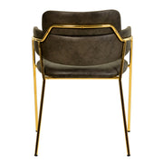 Axis Upholstered Dining Chair with Curved Open-Back and Arms and Black/Gold Stainless Steel Legs Gold Leather Charcoal Dining Chair Leisuremod