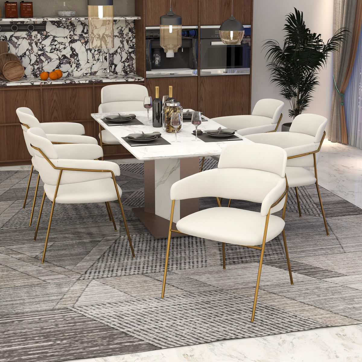Axis Upholstered Dining Chair with Curved Open-Back and Arms and Black/Gold Stainless Steel Legs Gold Polyester White Dining Chair Leisuremod