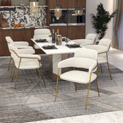 Axis Upholstered Dining Chair with Curved Open-Back and Arms and Black/Gold Stainless Steel Legs Gold Polyester White Dining Chair Leisuremod