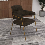 Axis Upholstered Dining Chair with Curved Open-Back and Arms and Black/Gold Stainless Steel Legs Gold Leather Charcoal Dining Chair Leisuremod