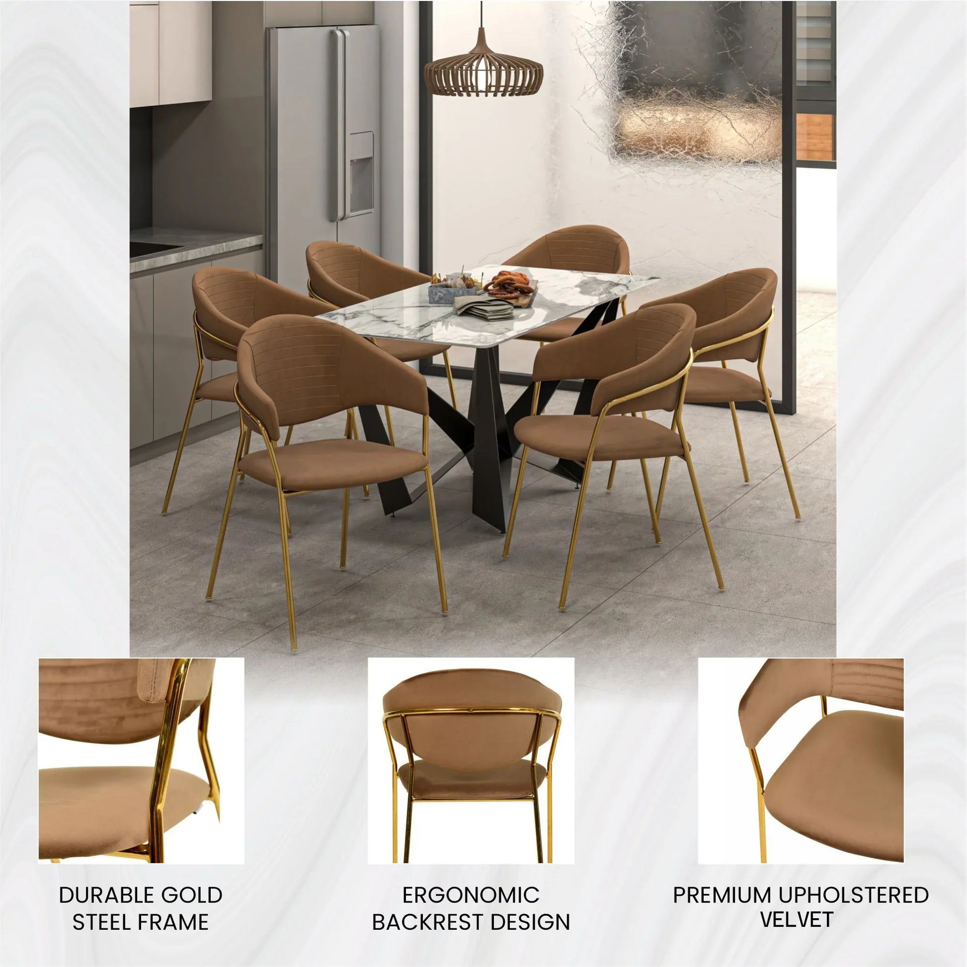 Bella Dining Chair Upholsted in Leather or Velvet in Gold Stainless Steel - Elax Furniture