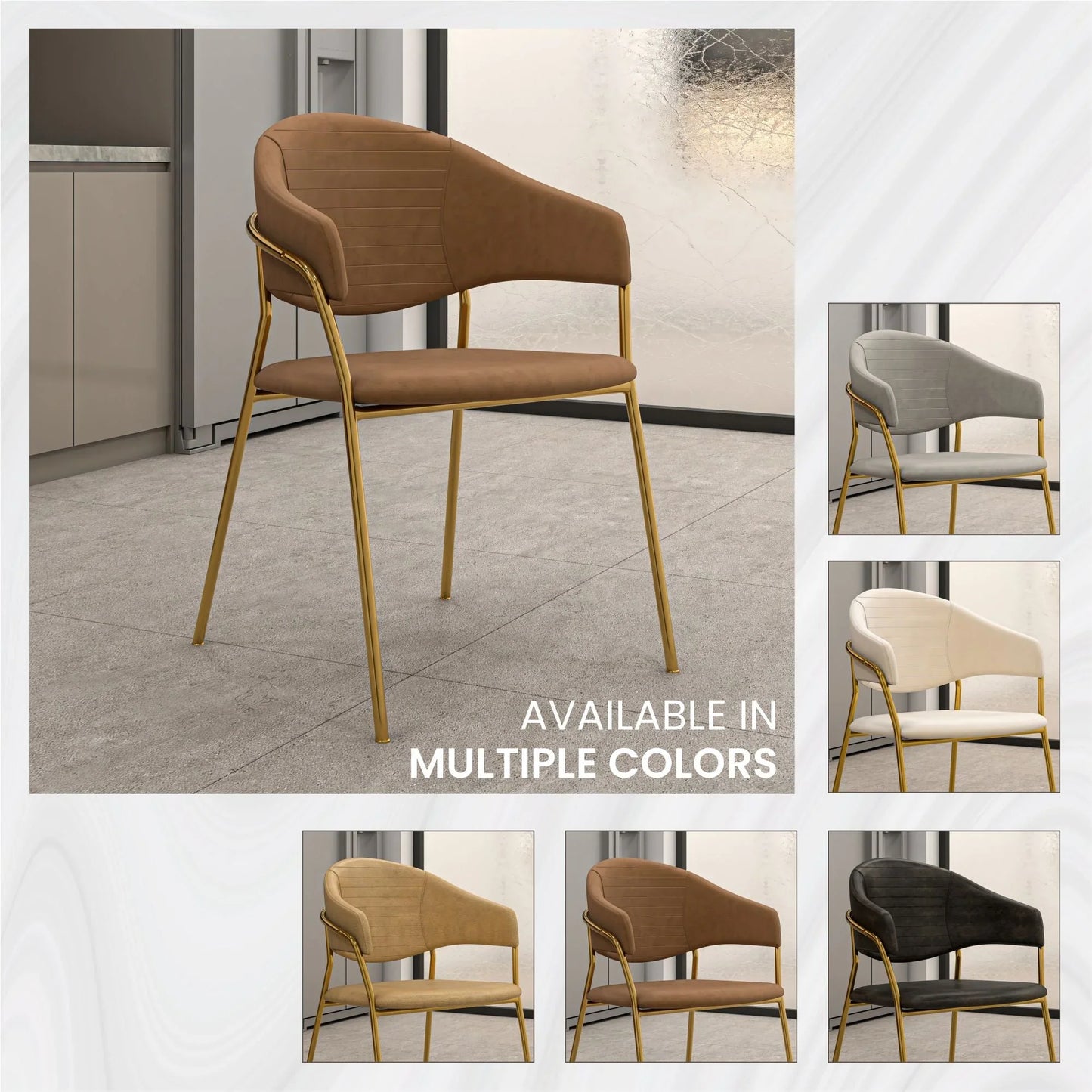 Bella Dining Chair Upholsted in Leather or Velvet in Gold Stainless Steel - Elax Furniture