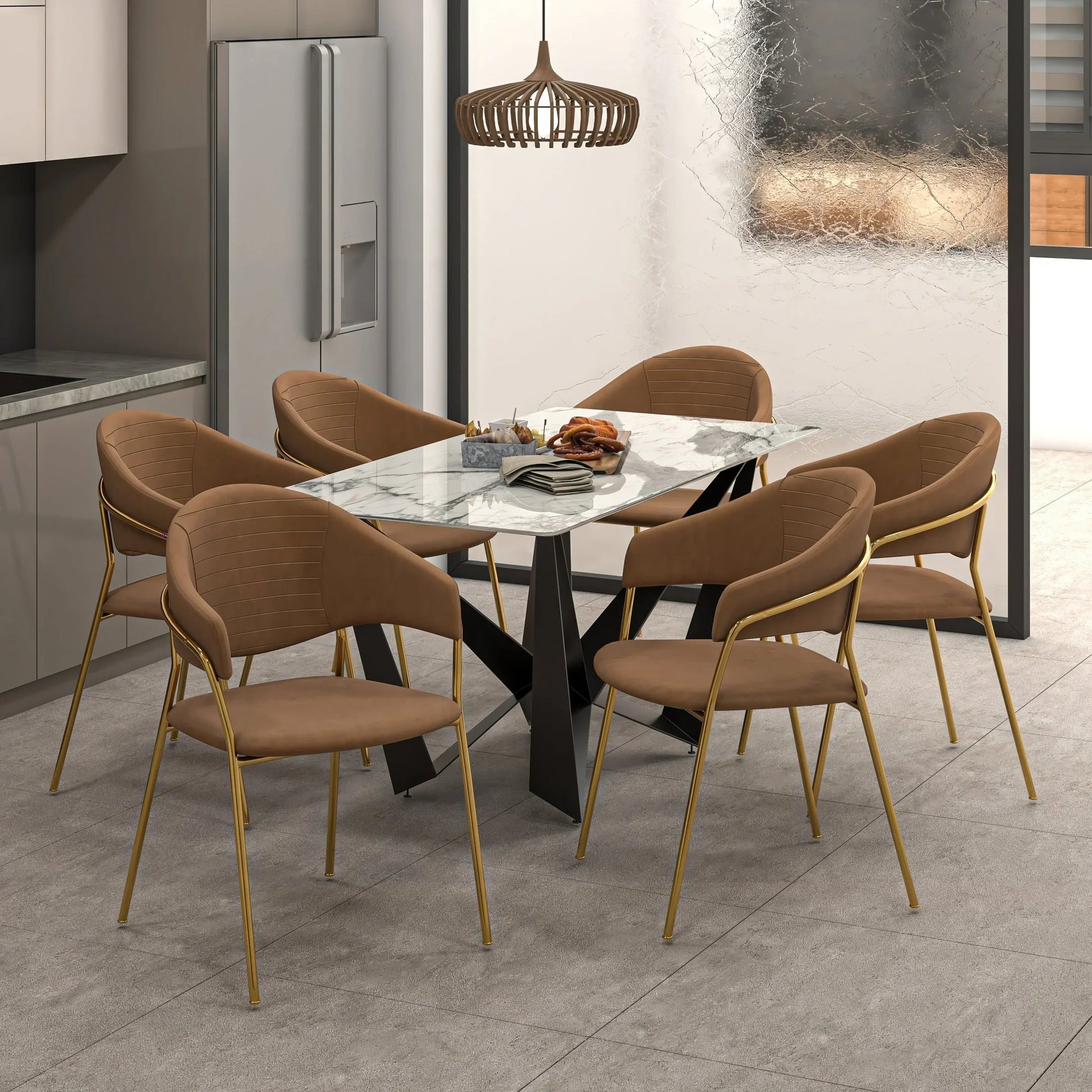 Bella Dining Chair Upholsted in Leather or Velvet in Gold Stainless Steel - Elax Furniture