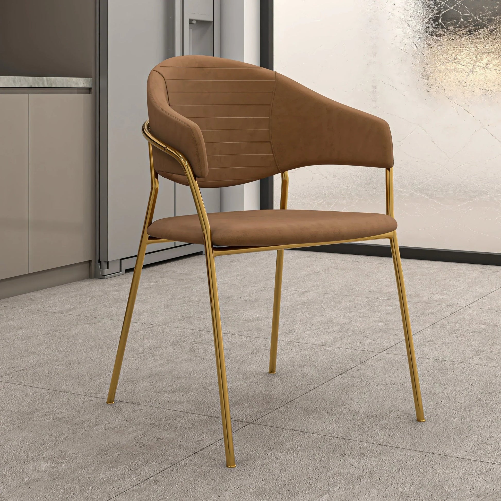 Bella Dining Chair Upholsted in Leather or Velvet in Gold Stainless Steel - Elax Furniture