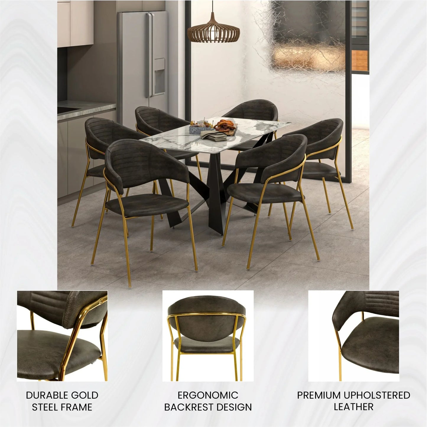 Bella Dining Chair Upholsted in Leather or Velvet in Gold Stainless Steel - Elax Furniture