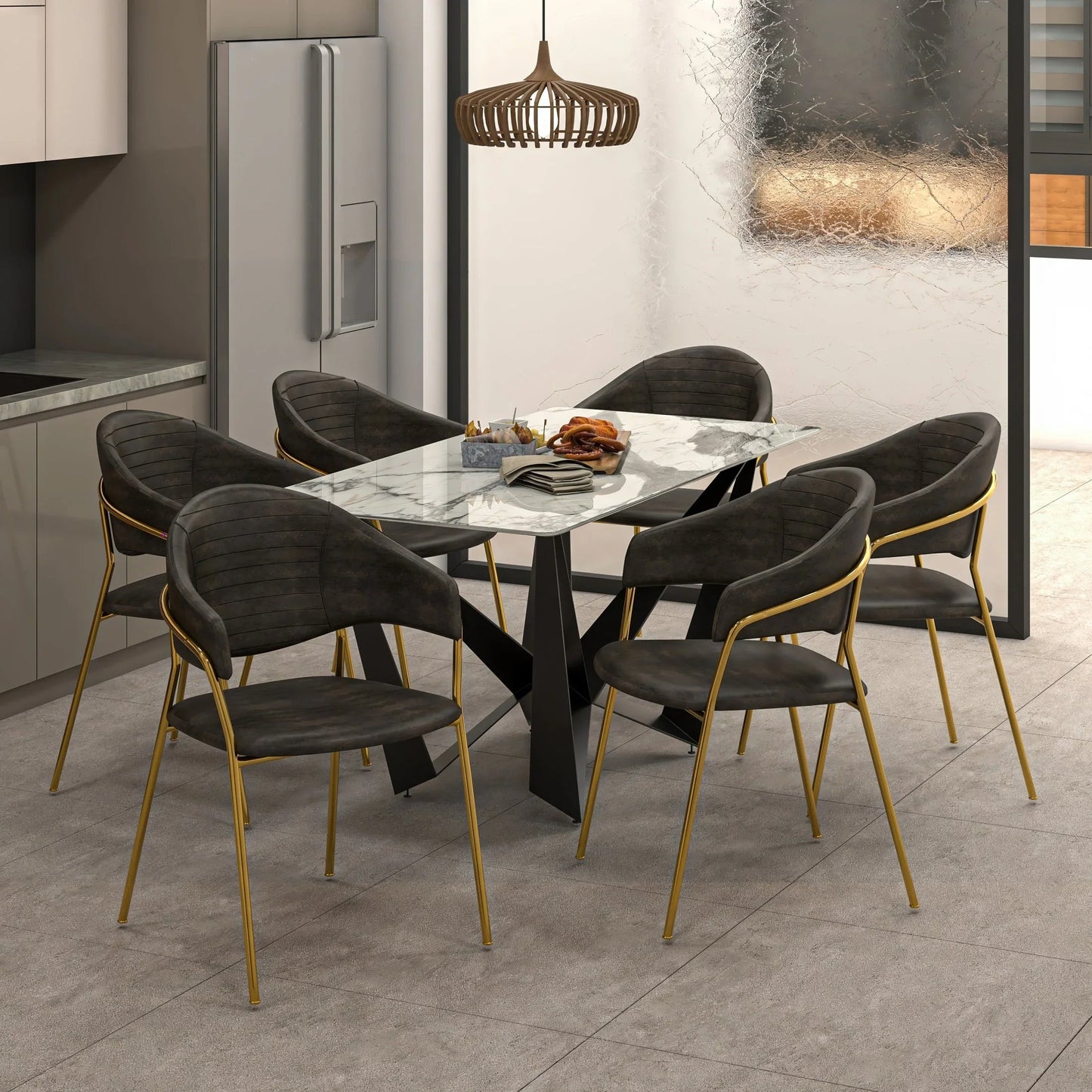 Bella Dining Chair Upholsted in Leather or Velvet in Gold Stainless Steel - Elax Furniture