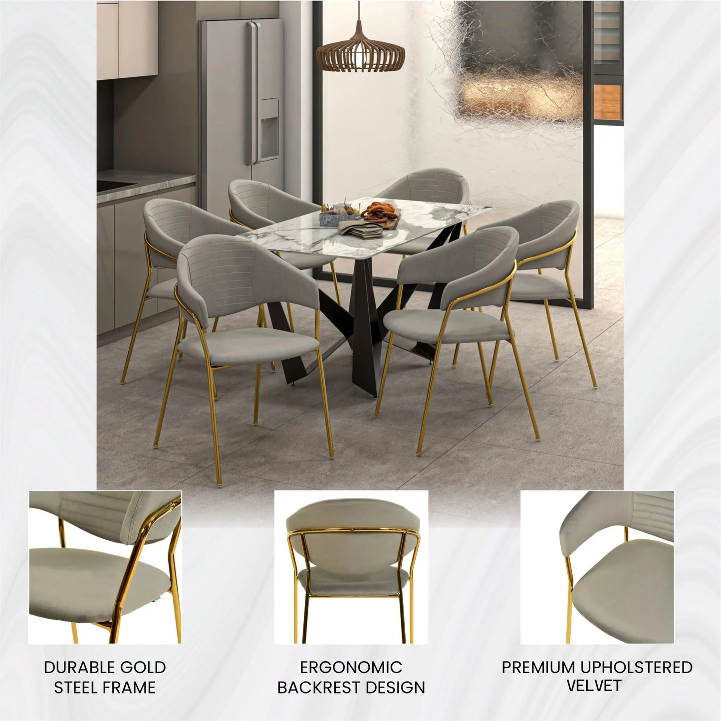 Bella Dining Chair Upholsted in Leather or Velvet in Gold Stainless Steel - Elax Furniture