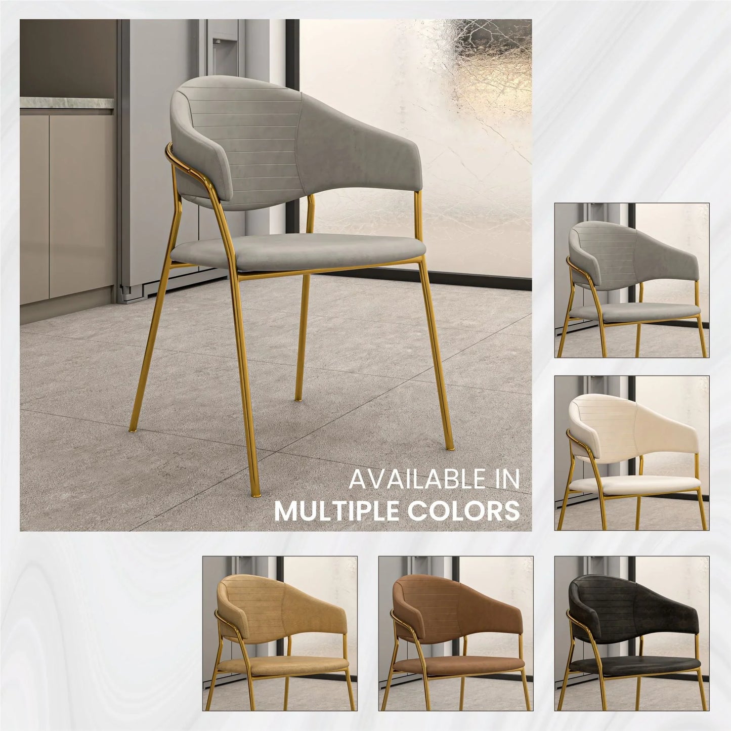Bella Dining Chair Upholsted in Leather or Velvet in Gold Stainless Steel - Elax Furniture