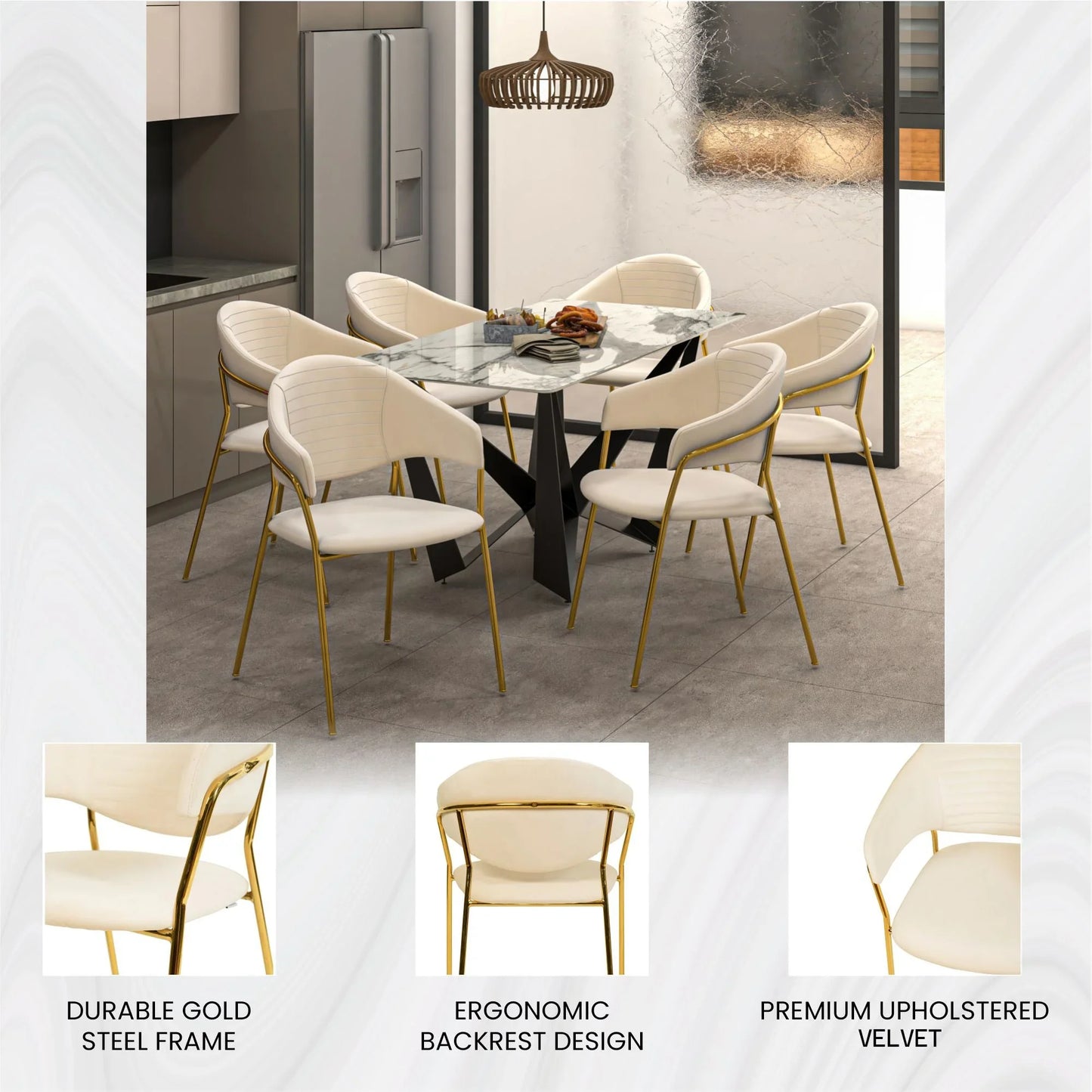 Bella Dining Chair Upholsted in Leather or Velvet in Gold Stainless Steel - Elax Furniture
