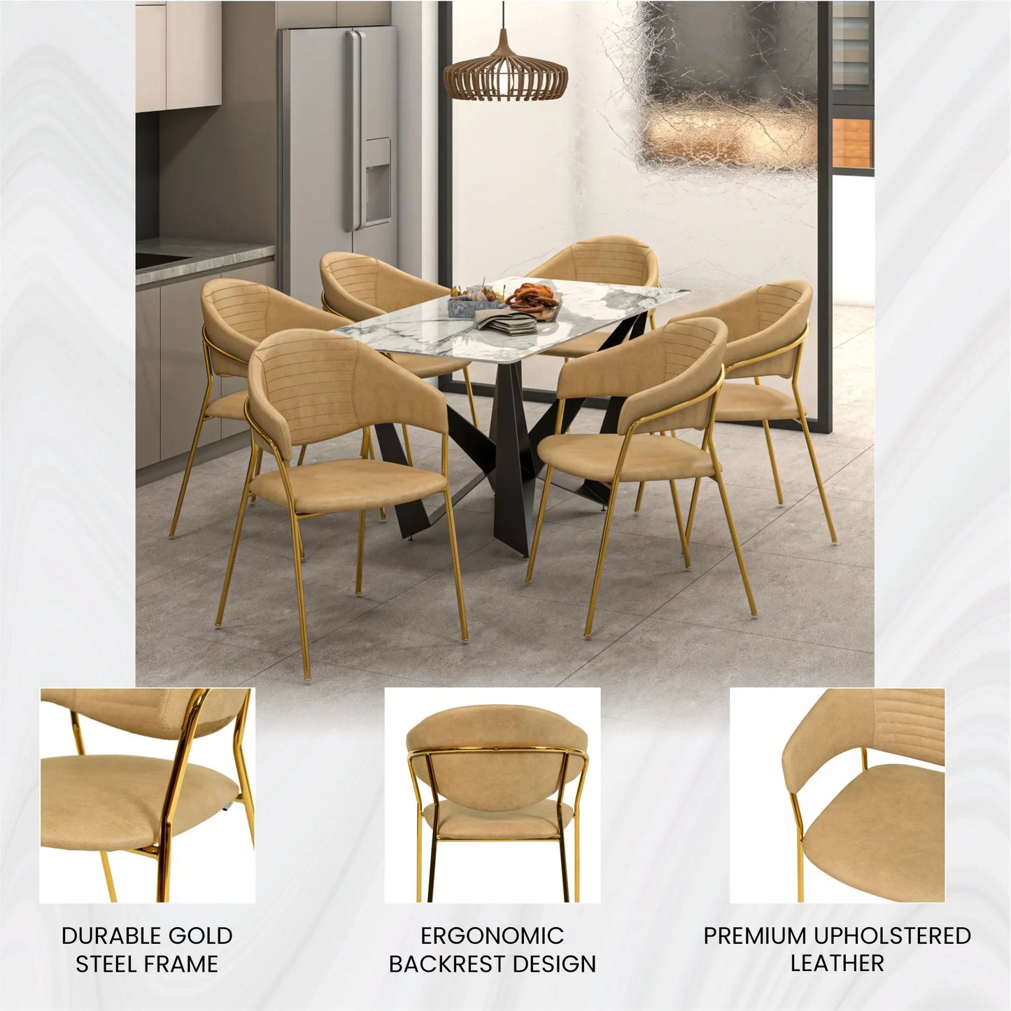 Bella Dining Chair Upholsted in Leather or Velvet in Gold Stainless Steel - Elax Furniture