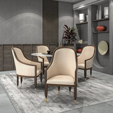 Belle Leather Dining Chair with Arms and Gold Metal Caps with Rubberwood Frame and Legs - Elax Furniture