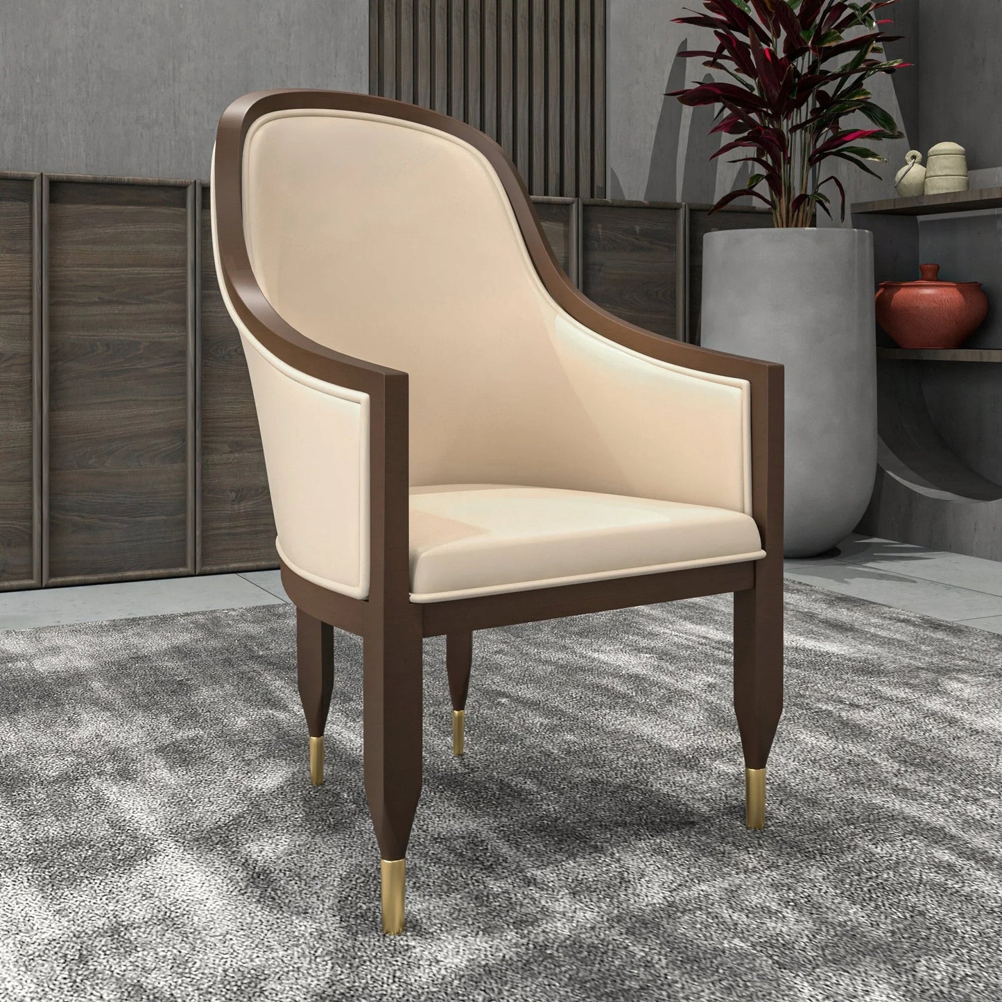 Belle Leather Dining Chair with Arms and Gold Metal Caps with Rubberwood Frame and Legs - Elax Furniture