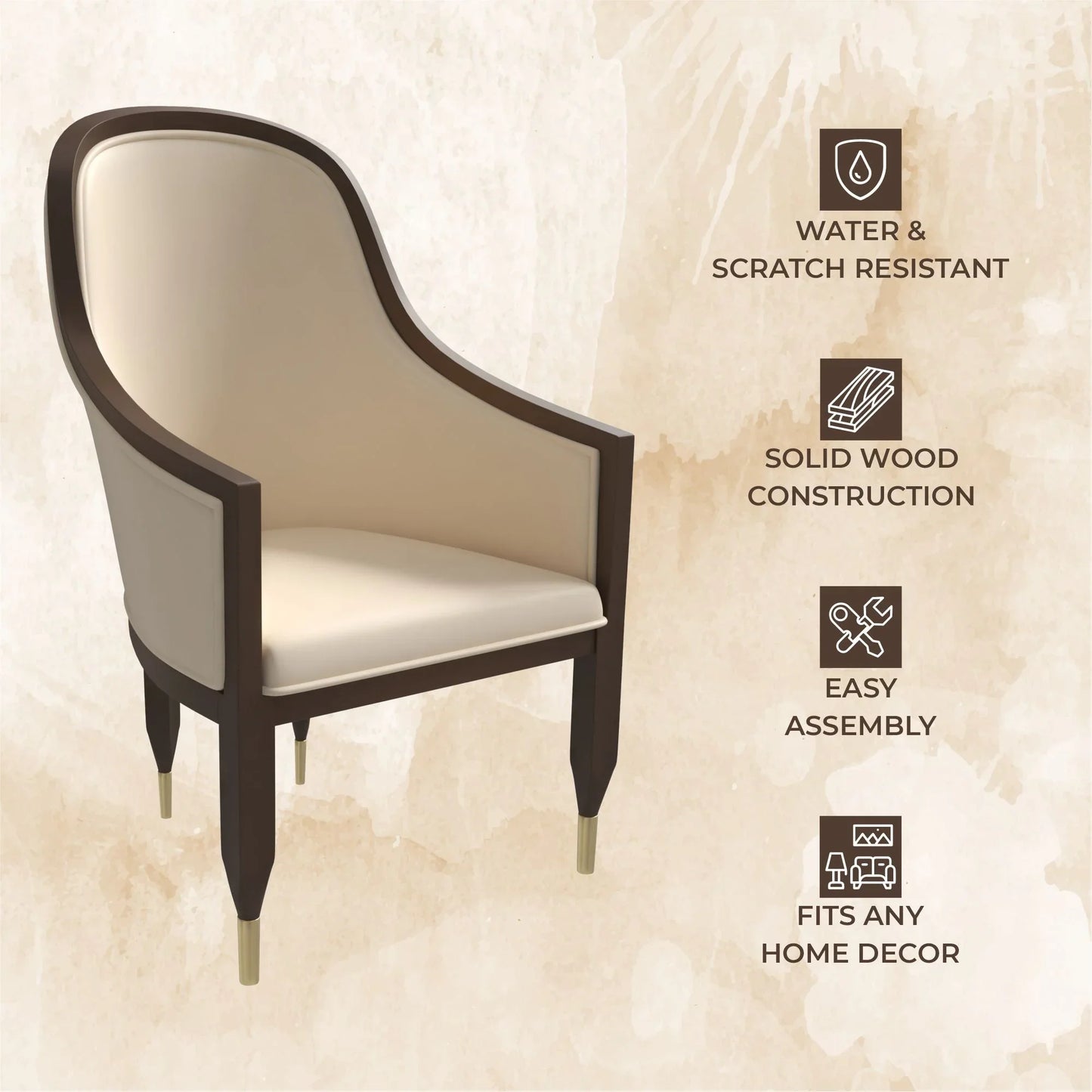 Belle Leather Dining Chair with Arms and Gold Metal Caps with Rubberwood Frame and Legs - Elax Furniture