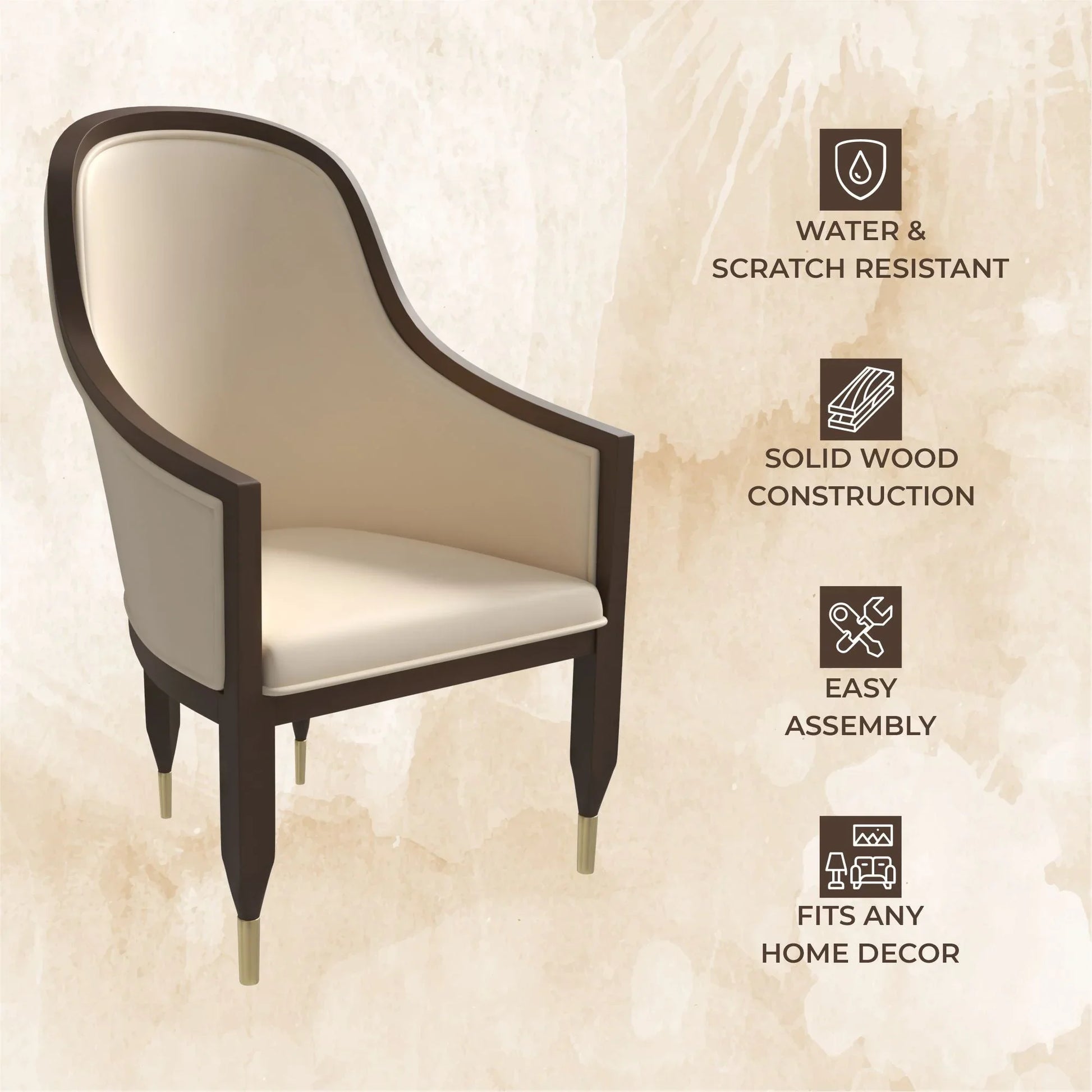 Belle Leather Dining Chair with Arms and Gold Metal Caps with Rubberwood Frame and Legs - Elax Furniture