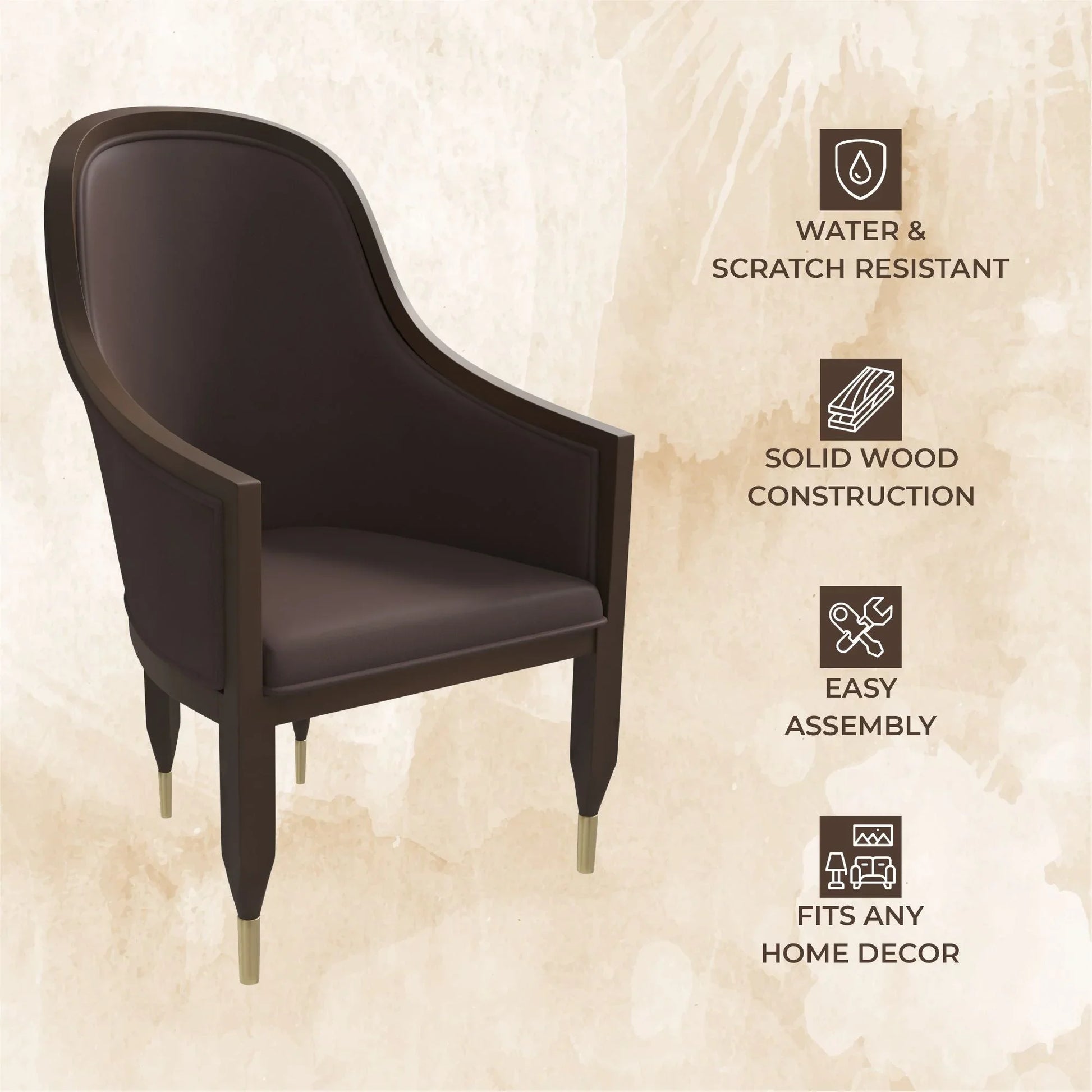Belle Leather Dining Chair with Arms and Gold Metal Caps with Rubberwood Frame and Legs - Elax Furniture