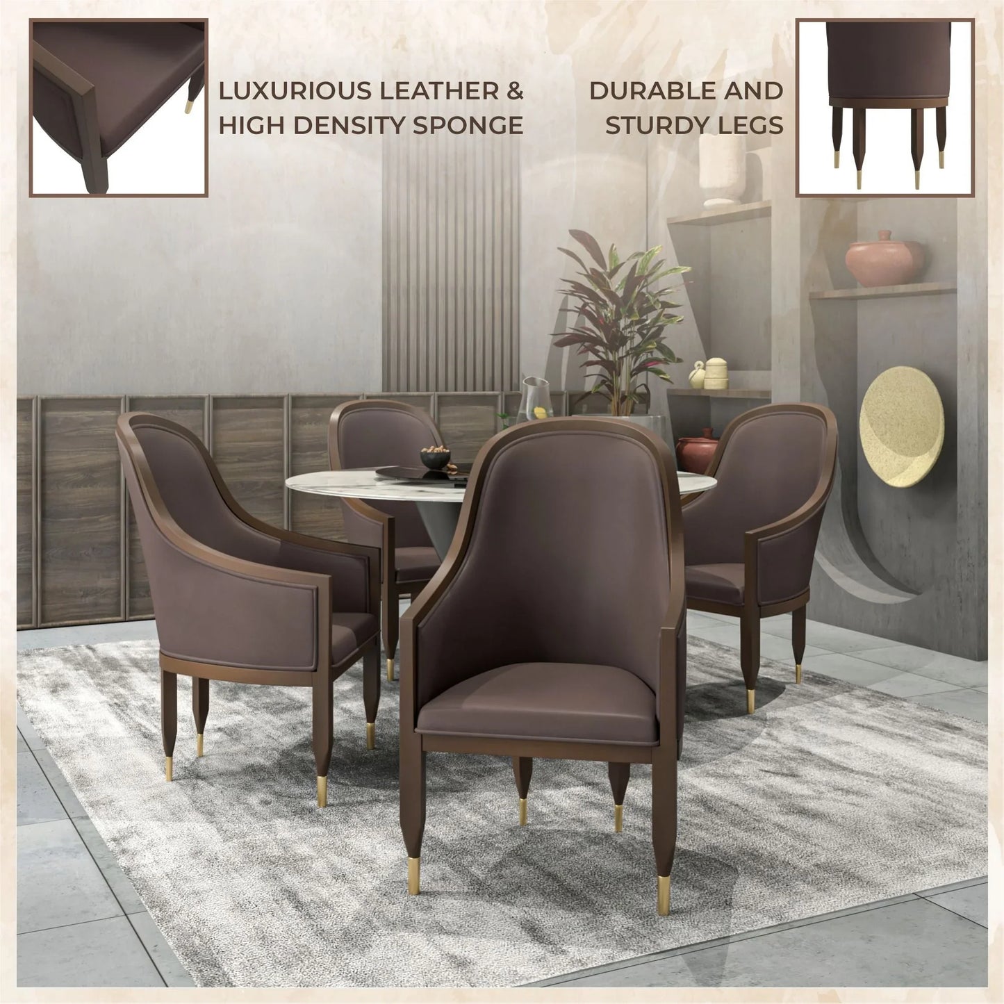 Belle Leather Dining Chair with Arms and Gold Metal Caps with Rubberwood Frame and Legs - Elax Furniture