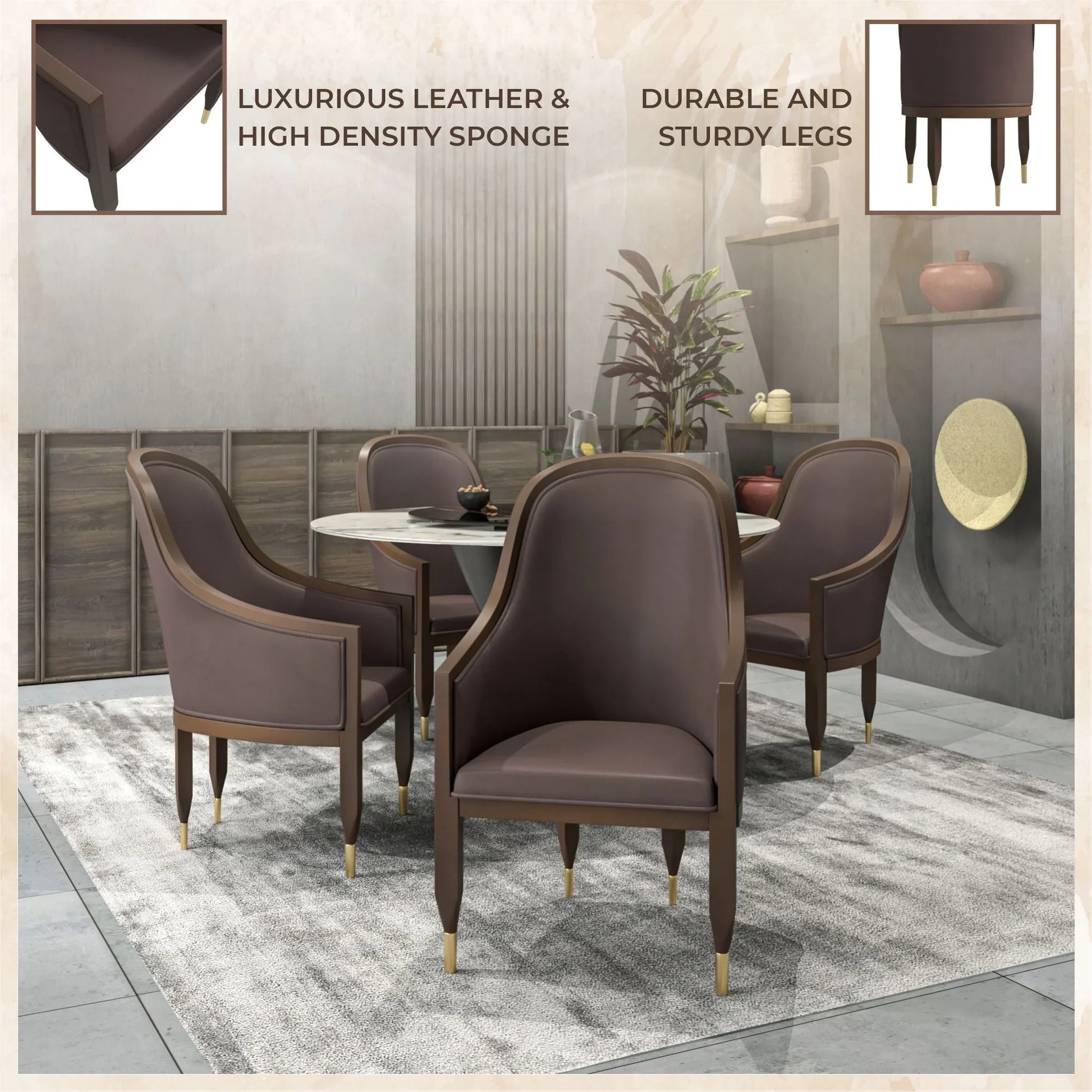 Belle Leather Dining Chair with Arms and Gold Metal Caps with Rubberwood Frame and Legs - Elax Furniture