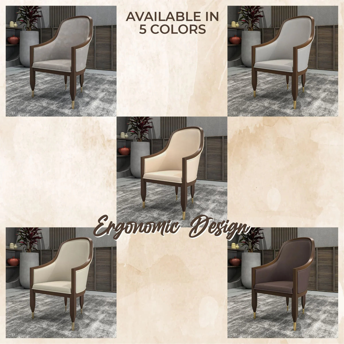 Belle Leather Dining Chair with Arms and Gold Metal Caps with Rubberwood Frame and Legs - Elax Furniture