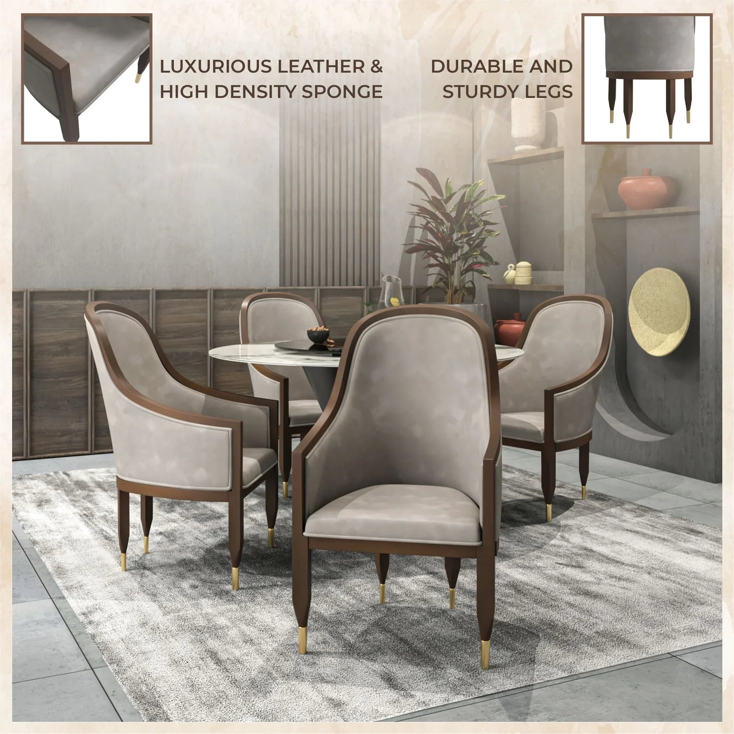 Belle Leather Dining Chair with Arms and Gold Metal Caps with Rubberwood Frame and Legs - Elax Furniture