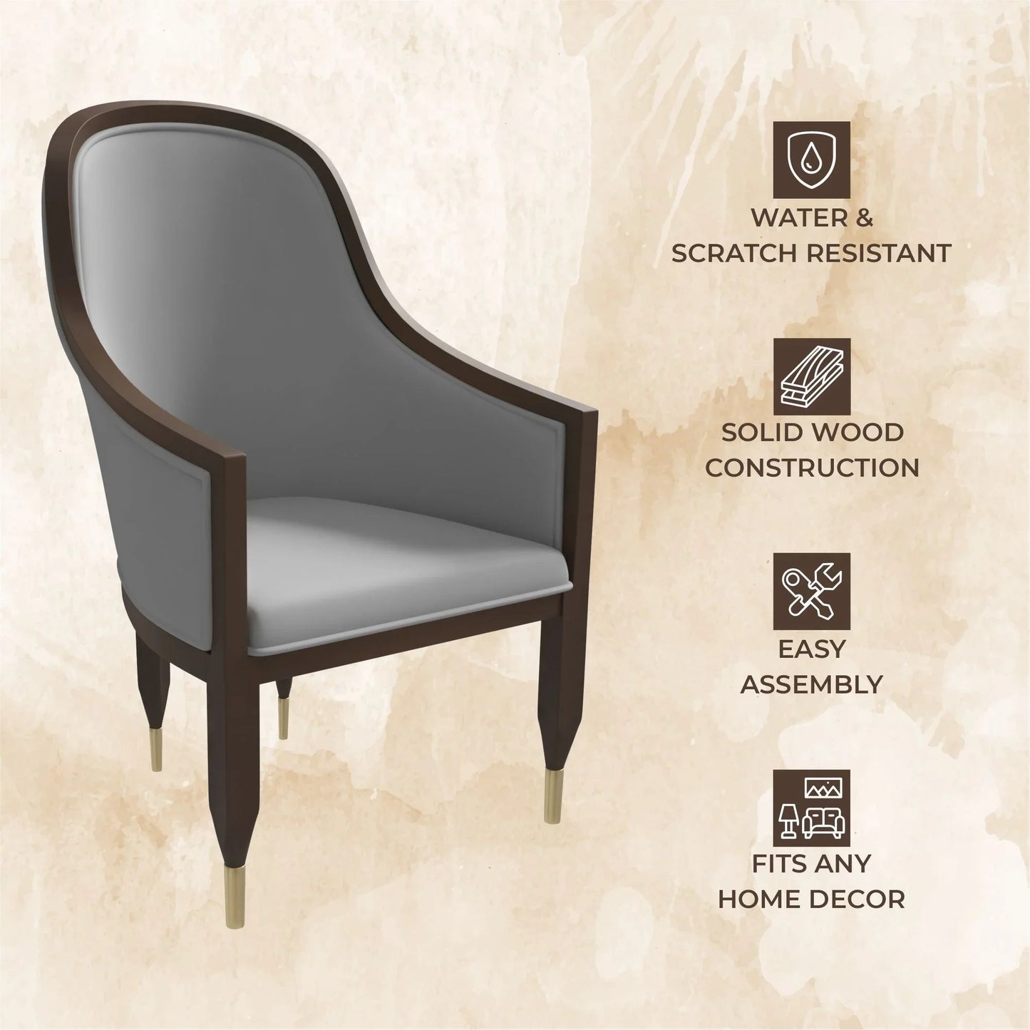 Belle Leather Dining Chair with Arms and Gold Metal Caps with Rubberwood Frame and Legs - Elax Furniture