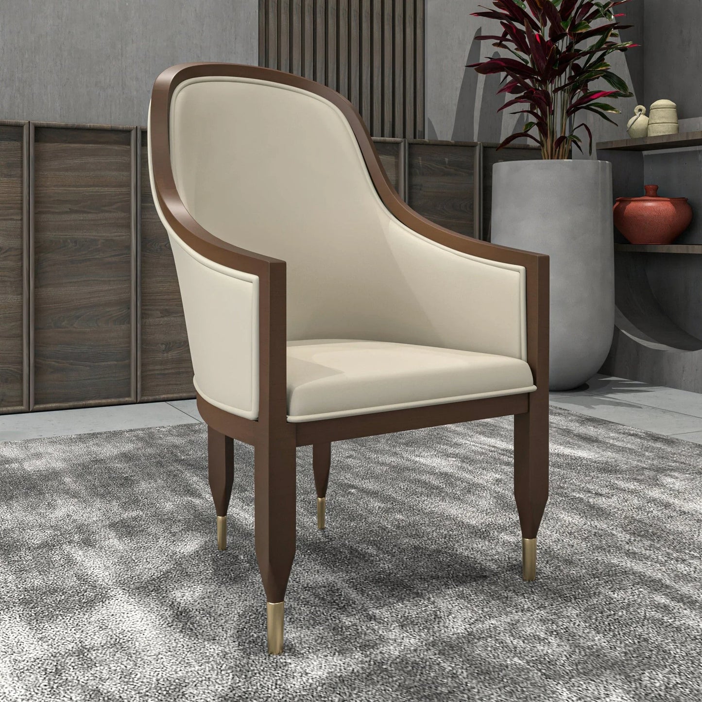 Belle Leather Dining Chair with Arms and Gold Metal Caps with Rubberwood Frame and Legs - Elax Furniture