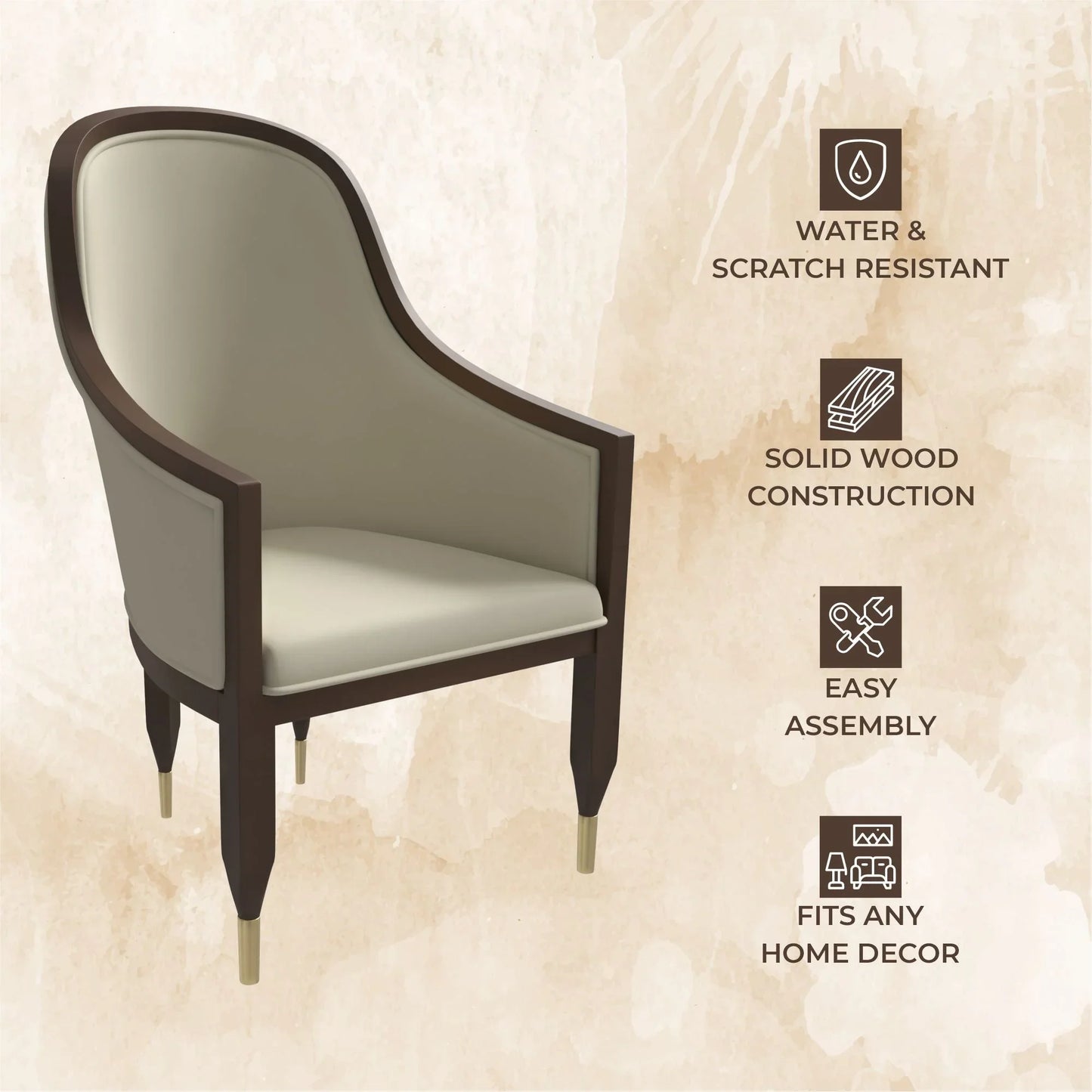 Belle Leather Dining Chair with Arms and Gold Metal Caps with Rubberwood Frame and Legs - Elax Furniture