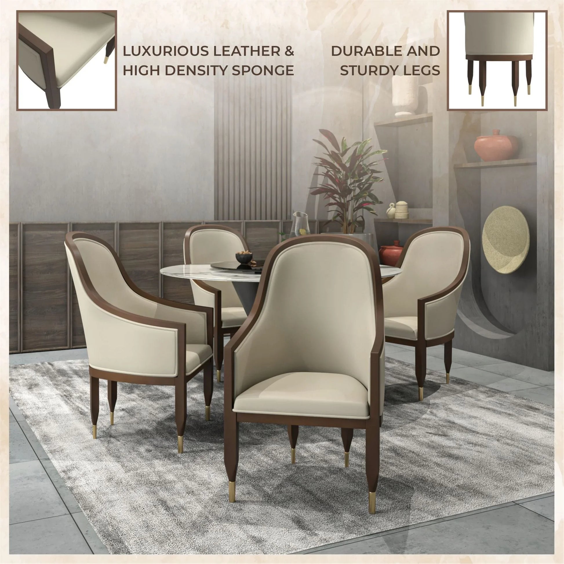 Belle Leather Dining Chair with Arms and Gold Metal Caps with Rubberwood Frame and Legs - Elax Furniture