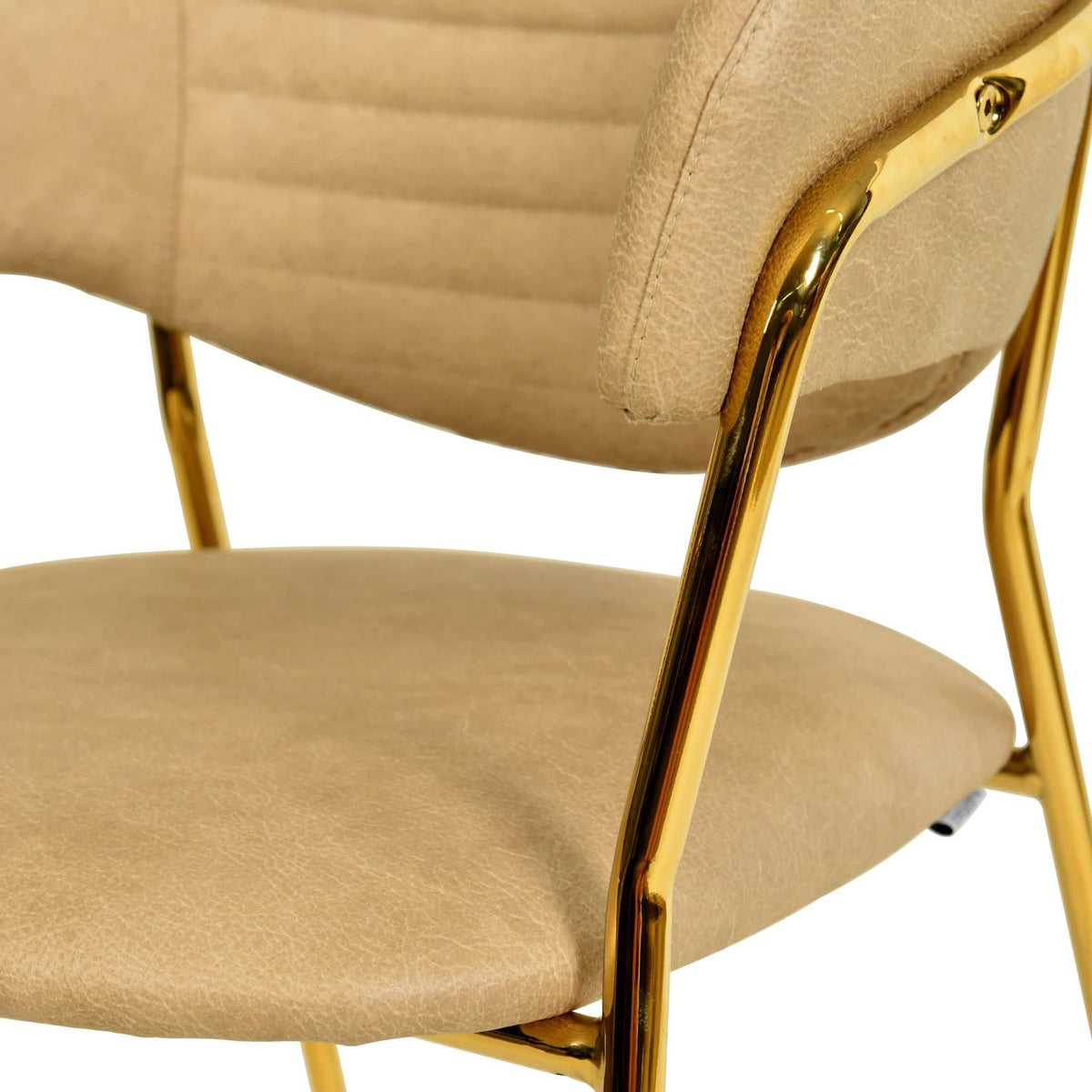 Bella Dining Chair Upholsted in Leather or Velvet in Gold Stainless Steel Taupe Leather Dining Chair Leisuremod