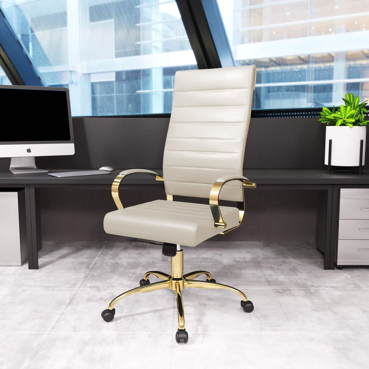 Benmar High-Back Leather Adjustable Office Conference Chair Gold Tan Office Chair Leisuremod